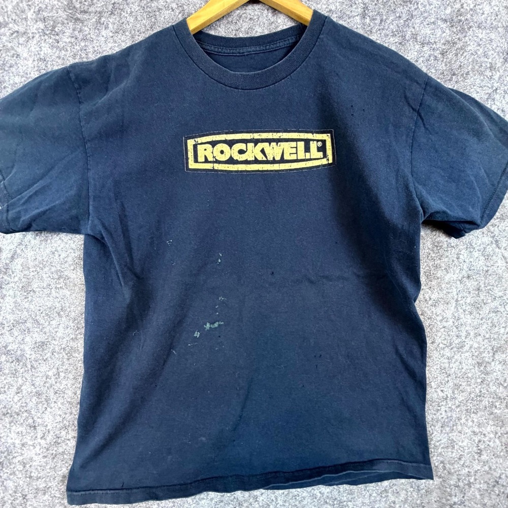 Vintage Rockwell T Shirt Men Navy Blue Wordmark Logo Short Sleeve Pullover Retro